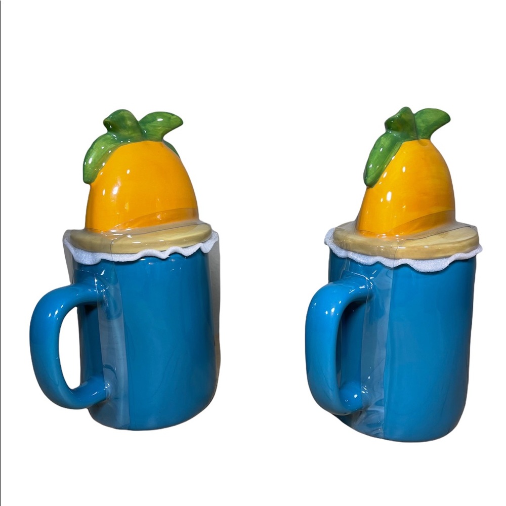 ⚡️SOLD⚡️Rae Dunn "Beach Therapy" Coffee Mug w/ Topper Lid Palm Tree 2 Set Mugs - Picture 5 of 11